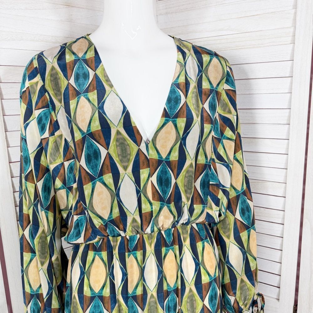 Zara Geometric Print Sateen Maxi Dress Green Blue Tan‎ Long Sleeve Small - Picture 6 of 13